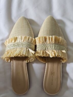 Michelle MCDOWELL Cream Raffia Fringe Pointed Mules SIZE 6